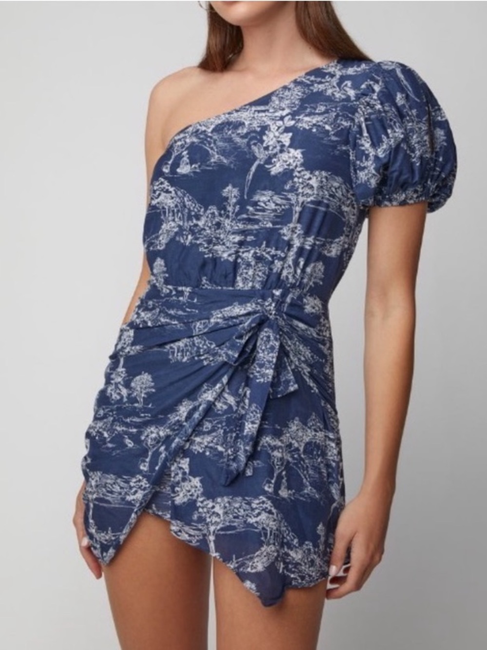 LoveShackFancy Peyton One Shoulder Mini Wrap Dress Siene Blue Toile Print S